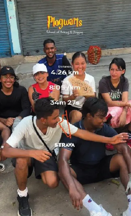 The Plogwarts crew sitting together after a run, with Strava stats on the photo.
